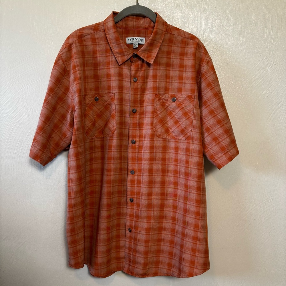 Orvis Mens Shirt Short Sleeve Button Up Plaid Lightweight Orange Size XL